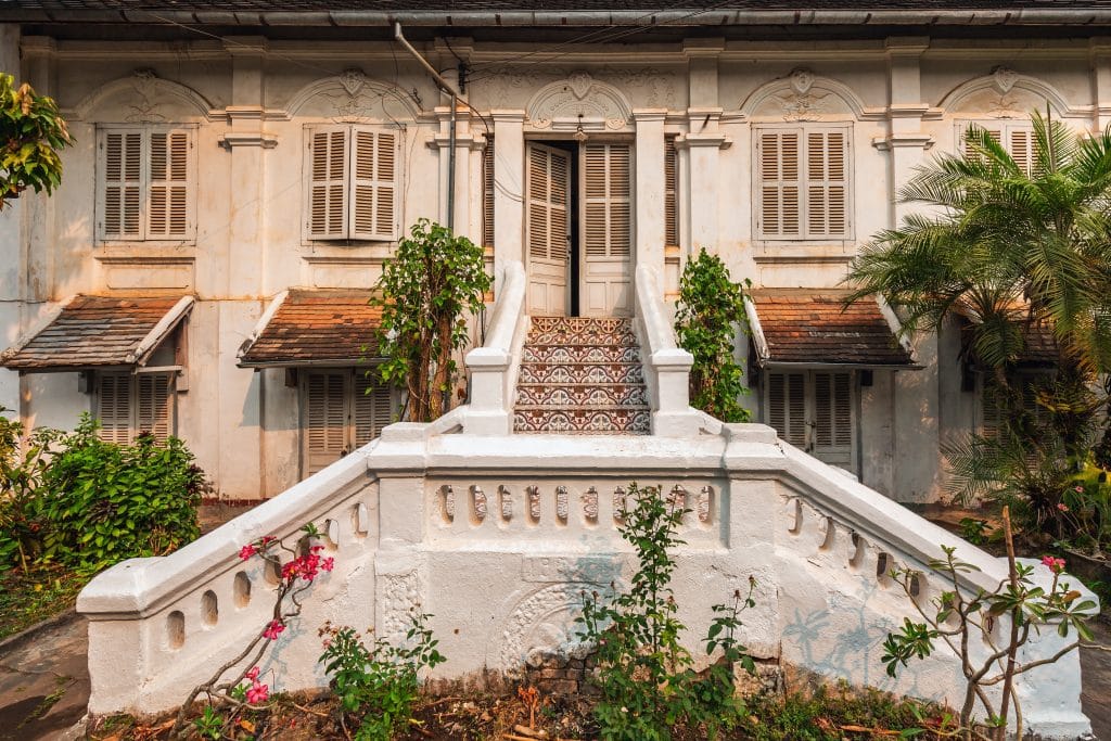 Traditional style,House,With,A,White,Staircase,In,Luang,Prabang,,Laos.