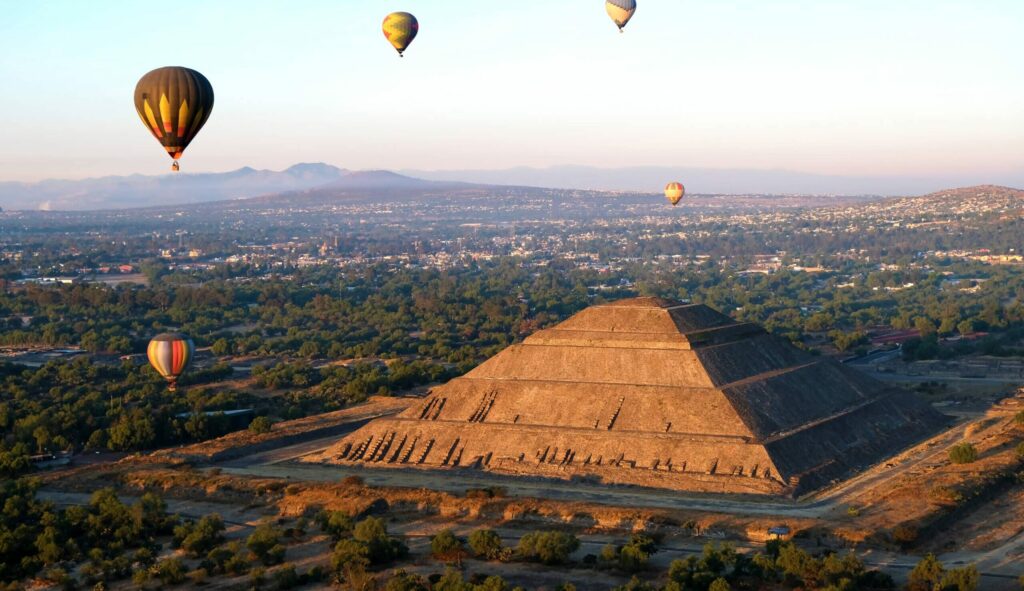 Aerial view at Maya Pyramid of the Sun and Moon at Teotihuacan,