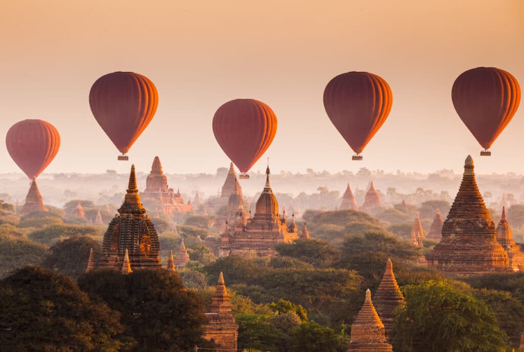 Hot,Air,Balloon,Over,Plain,Of,Bagan,At,Sunrise,,Myanmar