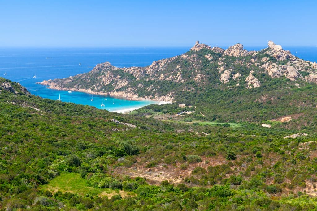 Corsica,,Coastal,Landscape,With,Mountains,And,Beach.,Mediterranean,Sea,Coast,