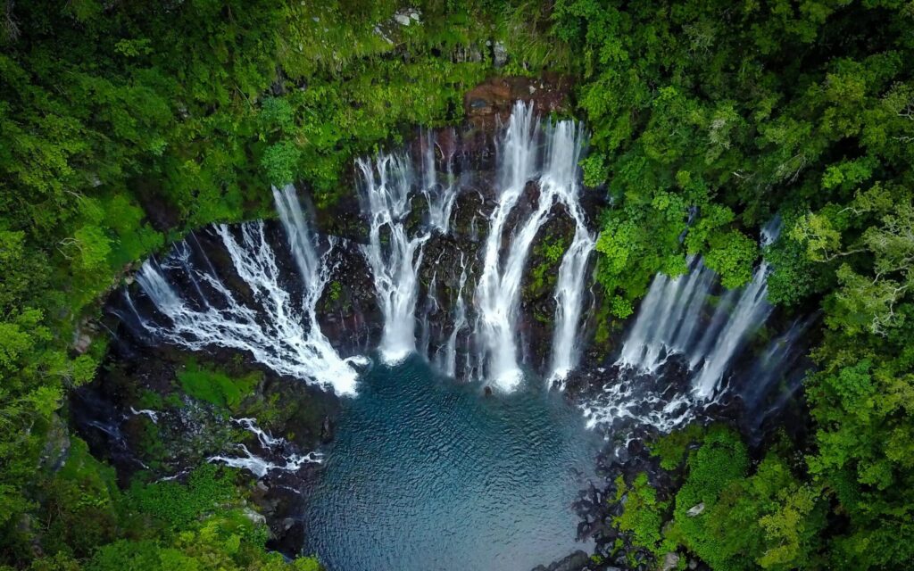 Drone,Shot,Of,The,Langevin,Waterfall,In,Reunion,Island.