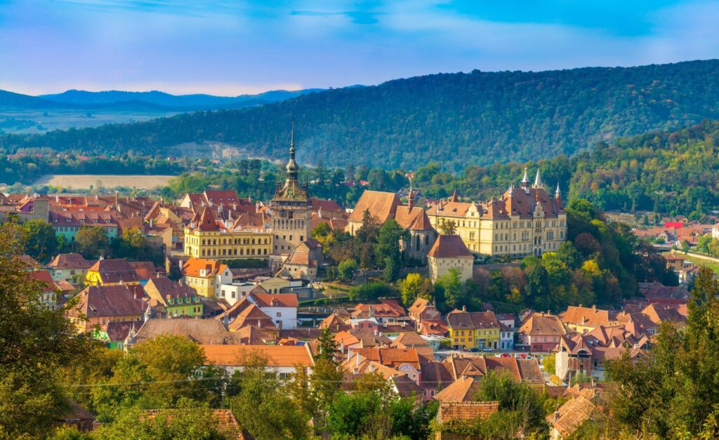 Vue panoramique forteresse médiévale Sighisoara Transylvanie Roumanie