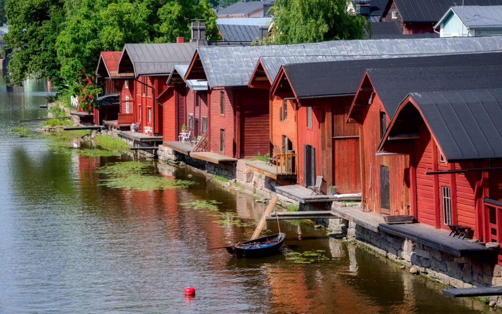 Porvoo,,Finland.,Old,Wooden,Red,Houses,On,The,Riverside