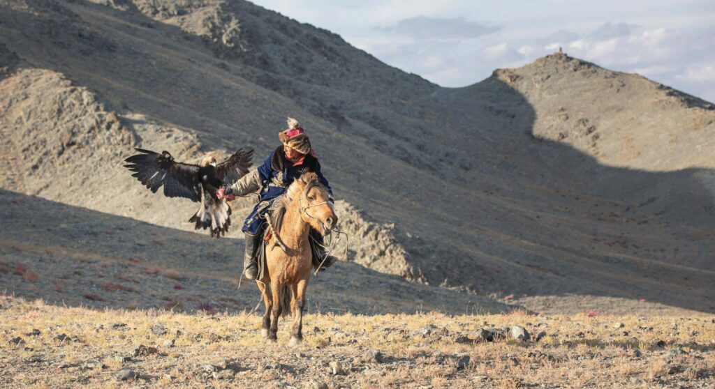 Chasseur nomade de l'Altaï et son aigle en Mongolie.
