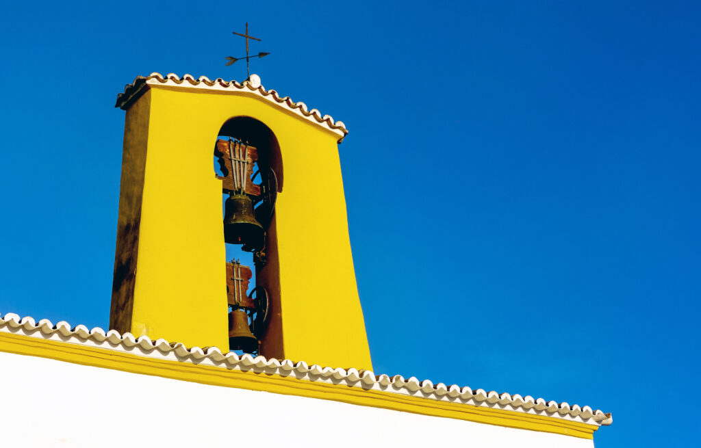 Traditional,Mediterranean,Bell,Tower,Church,In,Santa,Gertrudis,De,Fuitera,