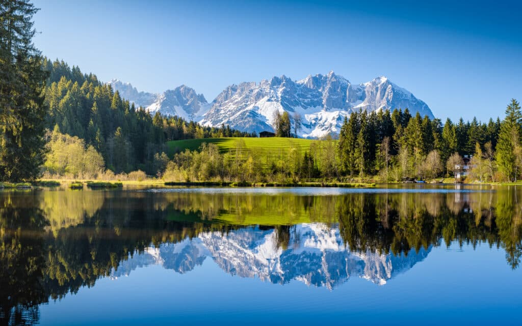 Idyllic,Alpine,Scenery,,Snowy,Mountains,Mirroring,In,A,Small,Lake,
