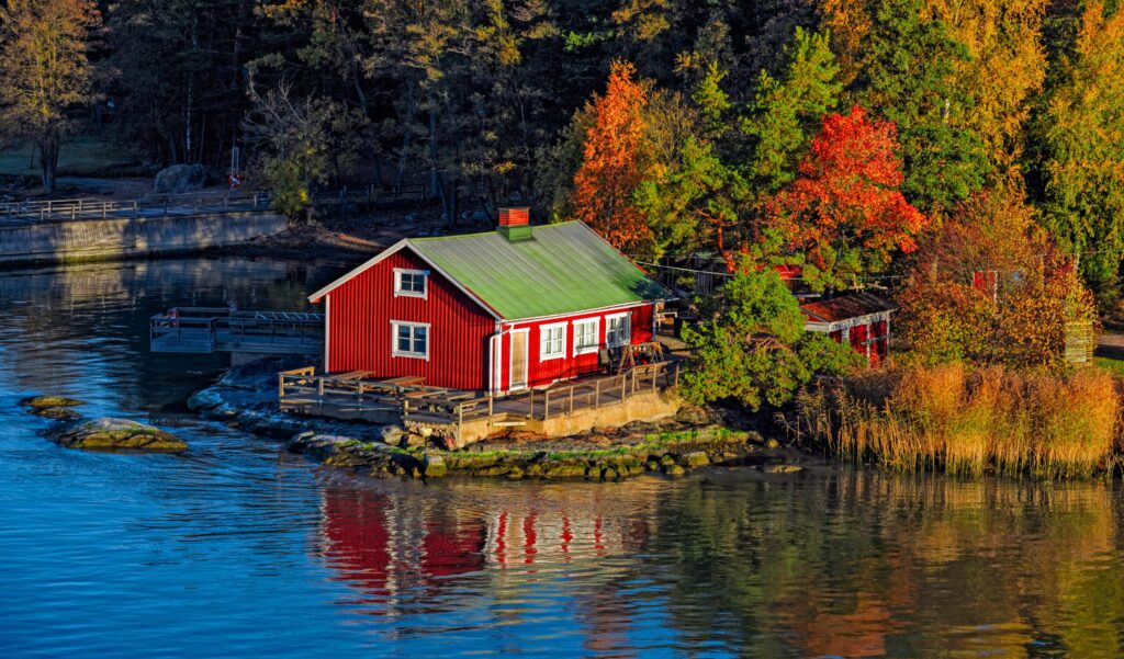 Red,Summer,Cabin,Or,Mokki,In,Fall,Color,Forest,On