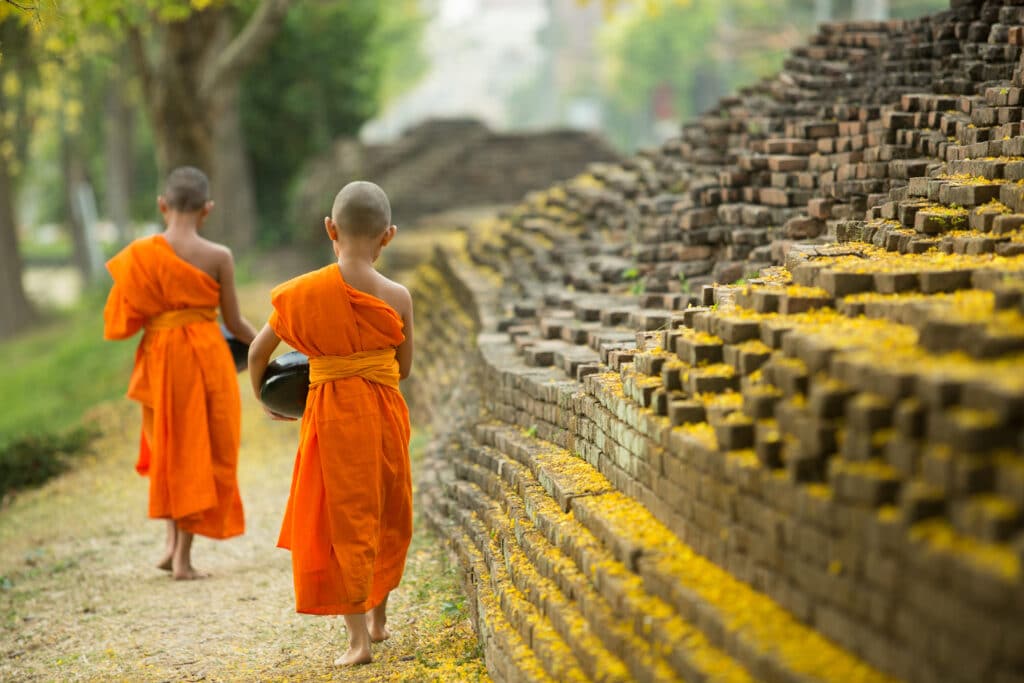 Chiangmai,City,Wall,thailand, ,April,22,,2014:buddhist,Monk,Walking,To