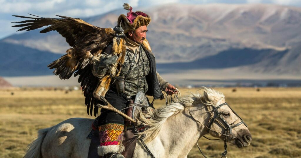 Partie de chasse à l'aigle en Mongolie.