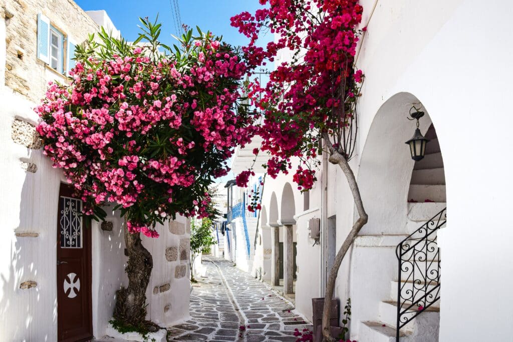 Ruelles de Parikia sur l'île de Paros, dans les Cyclades, Grèce.