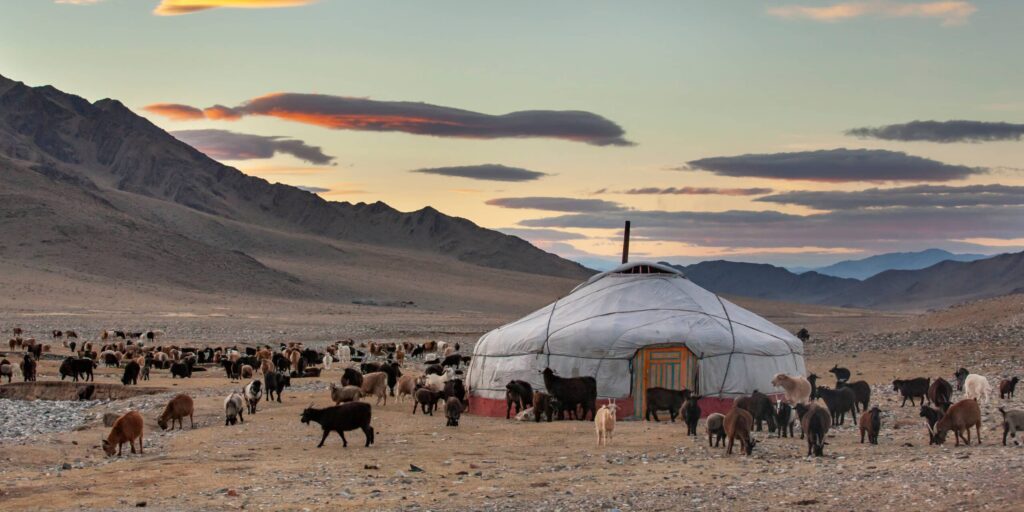 Yourte en Mongolie, dans la région de Bayan-Olgii, pendant une chevauchée nomade.