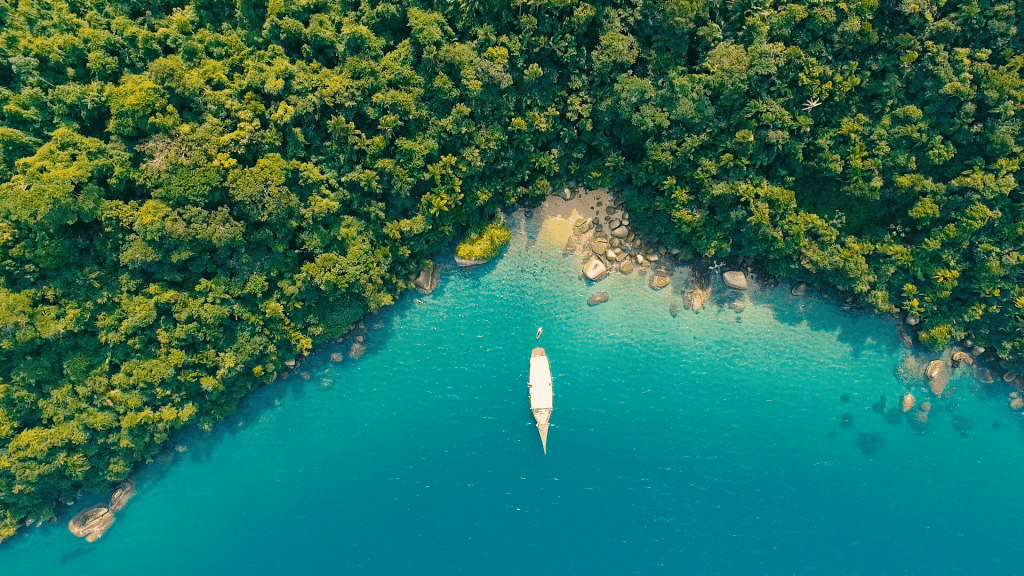 Croisière dans le jardin d’Eden brésilien Saco de Mamangua Brésil bateau vu de haut