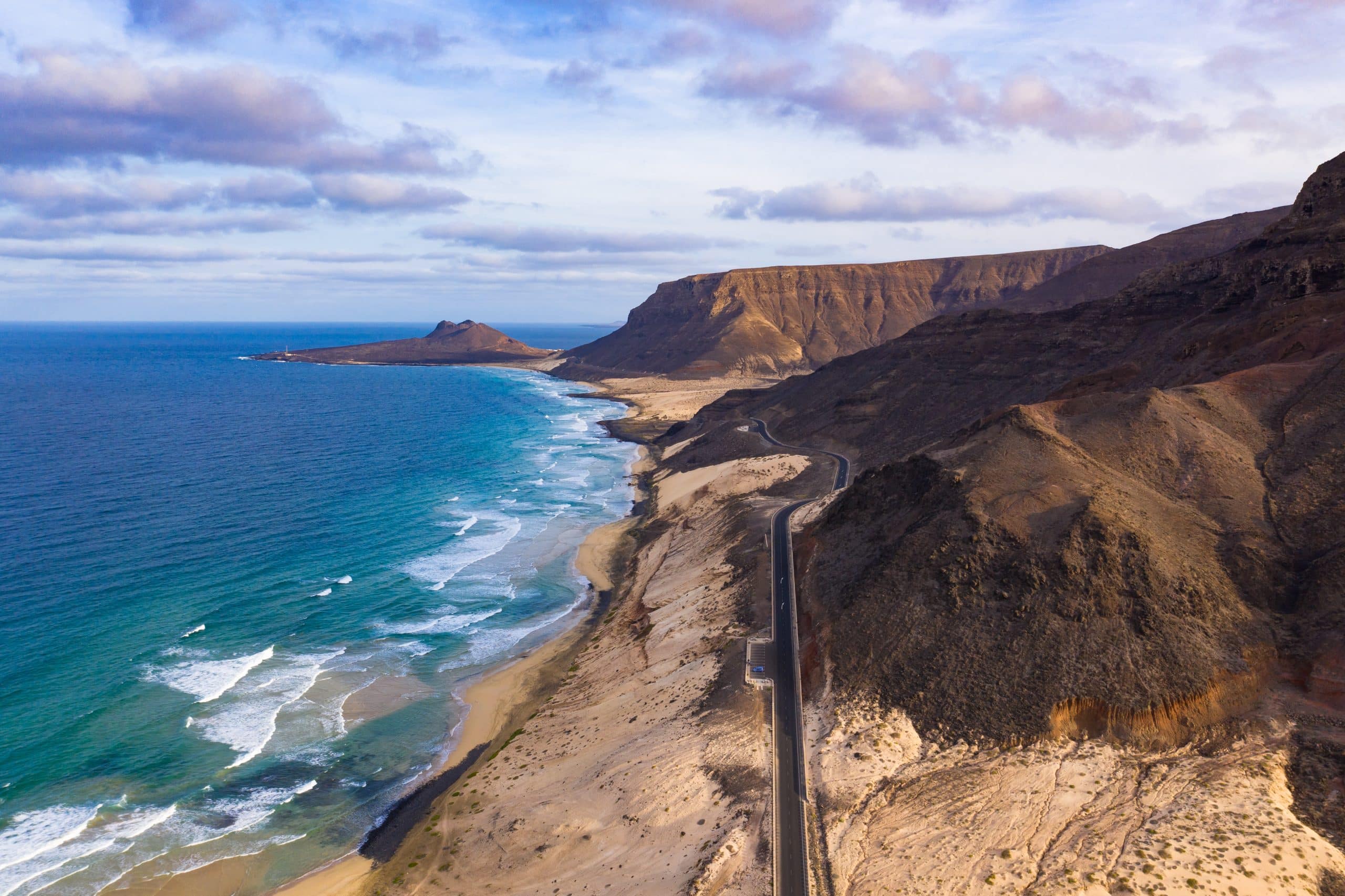 Aerial,View,Of,Mindelo,Coastline,Beach,In,Sao,Vicente,Island