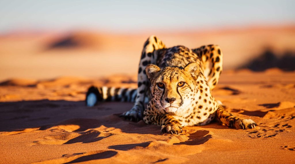 Beautiful,Cheetah,Outdoor,On,Red,Sand,Dune,Early,In,The