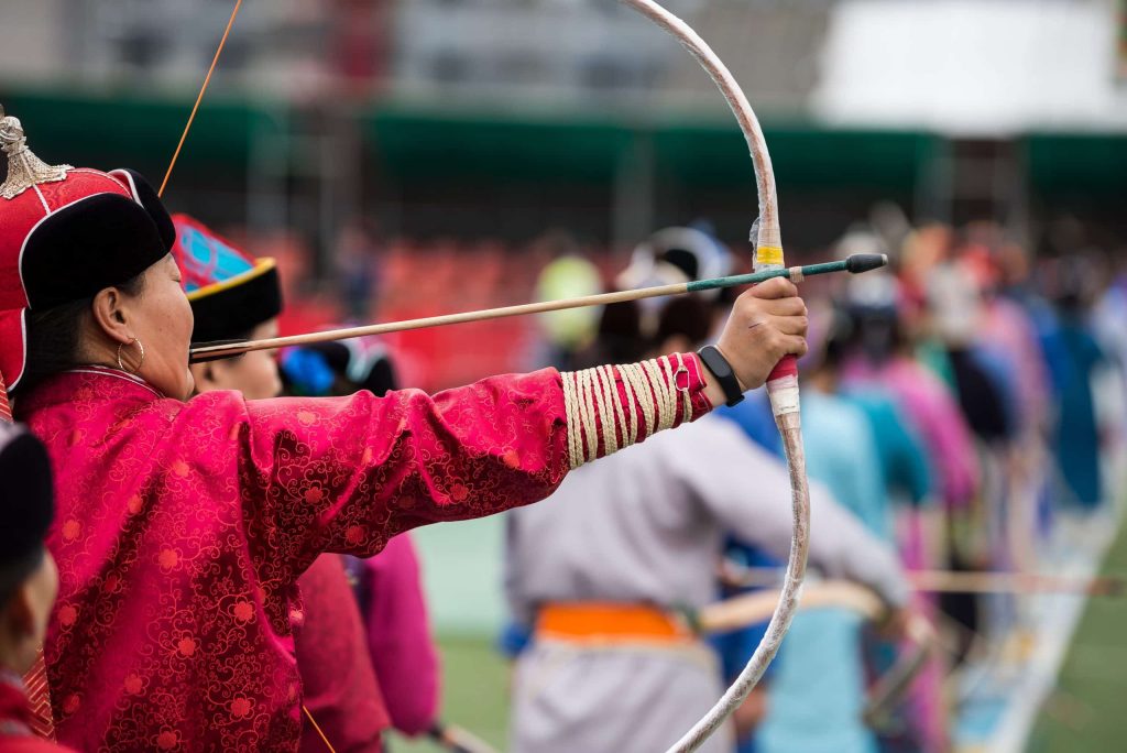 Naadam,Festival,Mongolia,Archery,,Mongolian,Women,In,Traditional,Mongolian,Dress