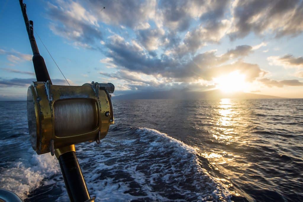 Deep,Sea,Fishing,Reel,On,A,Boat,During,Sunrise