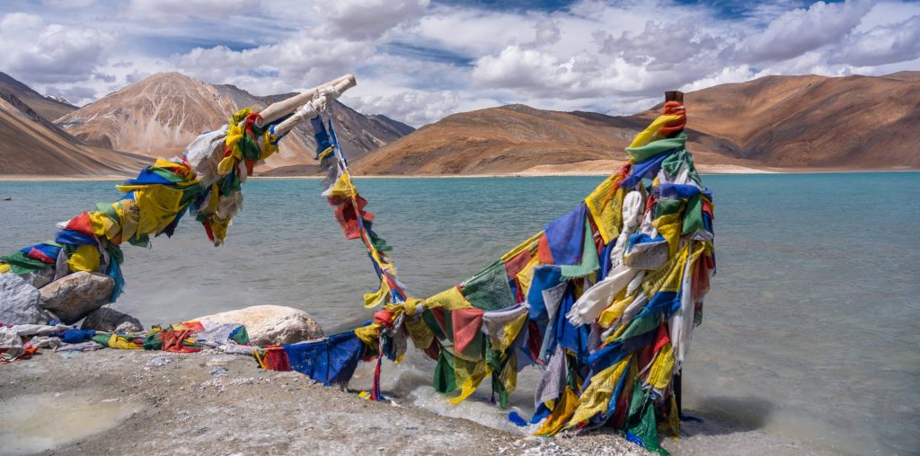 Colourful,Prayer,Flags,In,Front,Of,Pangong,Lake,,Leh,,Ladakh,