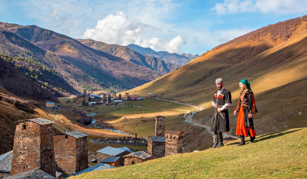Ushguli,,Georgia, ,October,27,,2019:,Georgian,Couple,In,Local