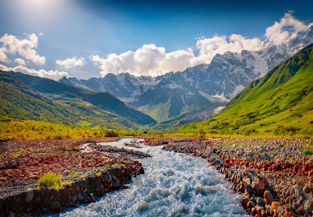 Mountain,River,At,The,Foot,Of,Tetnuldi,Glacier.,Amazing,Summer