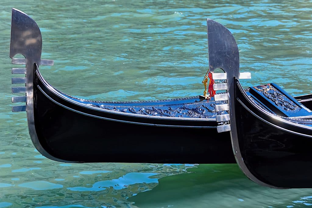 Close,Up,Of,The,Bow,Of,Two,Traditional,Gondolas,In